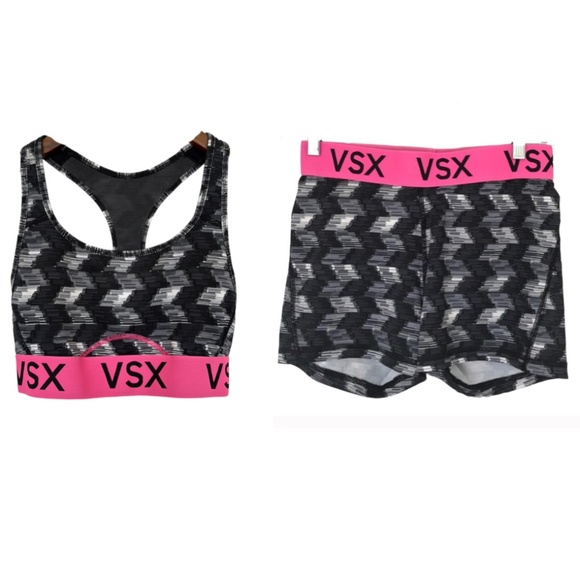 VICTORIA’S SECRET VSX Player Shorts & Sports Bra Set Black White Pink - Picture 2 of 14